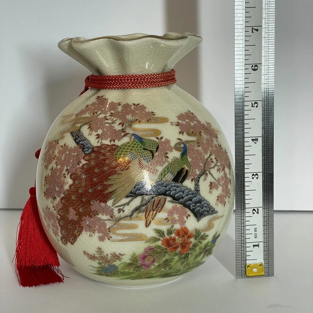 Japanese Satsuma Peacock Crackle Glaze Money Bag‎ Vase Red Tassel Gold Moriage